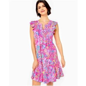 Lilly‎ Pulitzer Women's Pink Floral Ruffle Sleeve Tiered Dress XS Golda Flutter